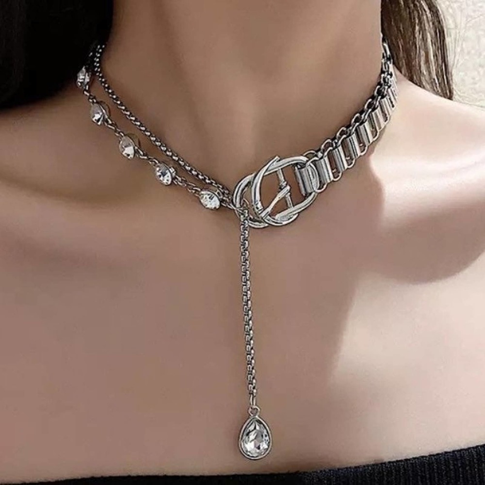 WHITE GOLD PLATED BUCKLE PUNK CHAIN RHINESTONE DROP CHOKER NECKLACE